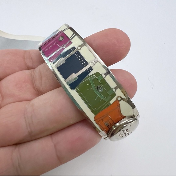 COACH Multicolor Enamel Purse Handbag Design Hinged Bracelet Silvertone - Picture 4 of 16